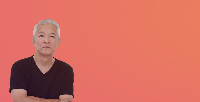 Cool Smart Asian Senior Man With Casual Business Looking On Copy Sapce Background