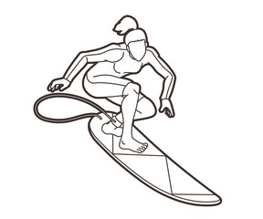 Surfing Sport Female Player Cartoon Outline Graphic Vector
