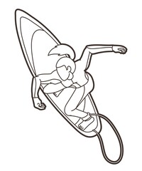 Fototapeta premium Surfing Sport Female Player Cartoon Outline Graphic Vector