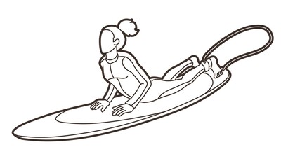 Surfing Sport Female Player Cartoon Outline Graphic Vector