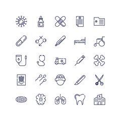 Outline medical icons set on white background, Thin line icons set of hospital and medical care vector illustration