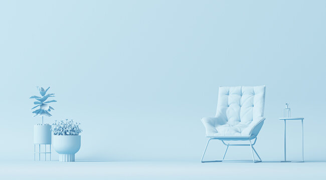 Interior of the room in plain monochrome pastel blue color with furnitures and room accessories. Light background with copy space. 3D rendering for web page, presentation or picture frame backgrounds.