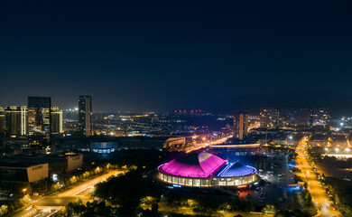 Aerial photography of night scene of Yiwu City, Zhejiang Province, China
