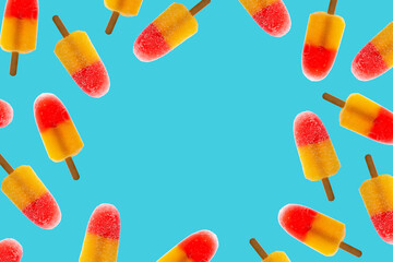 Bright delicious refreshing ice cream on a blue background with copy space and top view. Summer mood concept