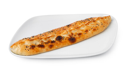 Turkish boat-shaped flatbread pide isolated on white