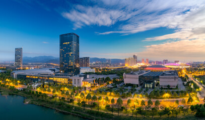Aerial photography of night scene of Yiwu City, Zhejiang Province, China