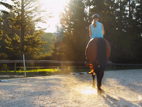 Teenage girl riding horse bareback - back view