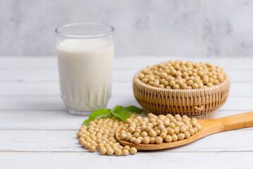 Soy and soy milk in a glass with soybeans in wooden bowl background