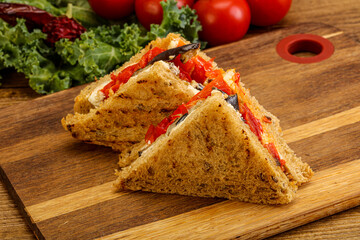 Club sandwich with eggplant and cheese