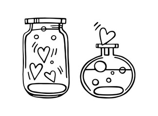 A set of glass jars. A cute jar filled with hearts, and a glass bottle with bubbles and a heart. The concept of love and Valentine's Day. Hand-drawn vector illustrations in doodle style, isolated.