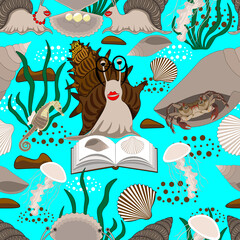Underwater life, seashells, snails, seahorse, crab, jellyfish. Seamless cartoon pattern, vector.