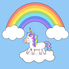 Cute cartoon  unicorn with rainbow hair with black outline. Unicorn walking on a cloud.  A colored rainbow above it.   Vector illustration.

