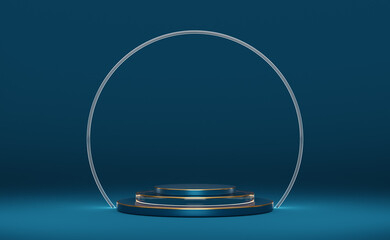 podium empty with geometric shapes in blue composition for modern stage display and minimalist mockup ,abstract showcase background ,Concept 3d illustration or 3d render