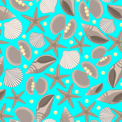 Seashells, pearls, starfish, pearls in the shell, blue background. Seamless pattern, vector.