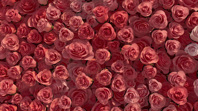 Vibrant, Romantic Wall background with Roses. Colorful, Floral Wallpaper with Beautiful, Pink flowers. 3D Render