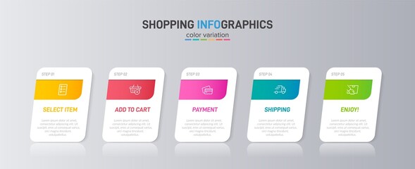 Concept of shopping process with 5 successive steps. Five colorful graphic elements. Timeline design for brochure, presentation, web site. Infographic design layout.