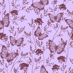 A pattern of butterflies and tree branches with leaves. Seamless image. Natural illustration. Design of wallpaper, fabrics, textiles, packaging, posters, postcards, wedding design.
