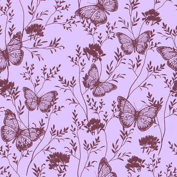 A pattern of butterflies and tree branches with leaves. Seamless image. Natural illustration. Design of wallpaper, fabrics, textiles, packaging, posters, postcards, wedding design.
