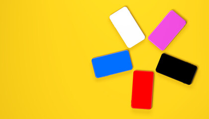 Multi vibrance  color mobile phone mockup on the yellow background, Visual technology concept 3d rendering illustration.
