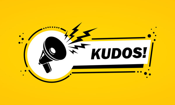 Megaphone with kudos speech bubble banner. Slogan kudos. Loudspeaker. Label for business, marketing and advertising. Vector on isolated background. EPS 10