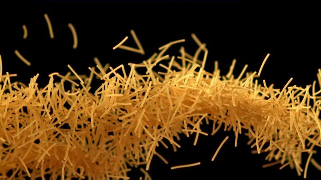 Super slow motion paste dry vermicelli. On a black background.Filmed on a high-speed camera at 1000 fps. High quality FullHD footage