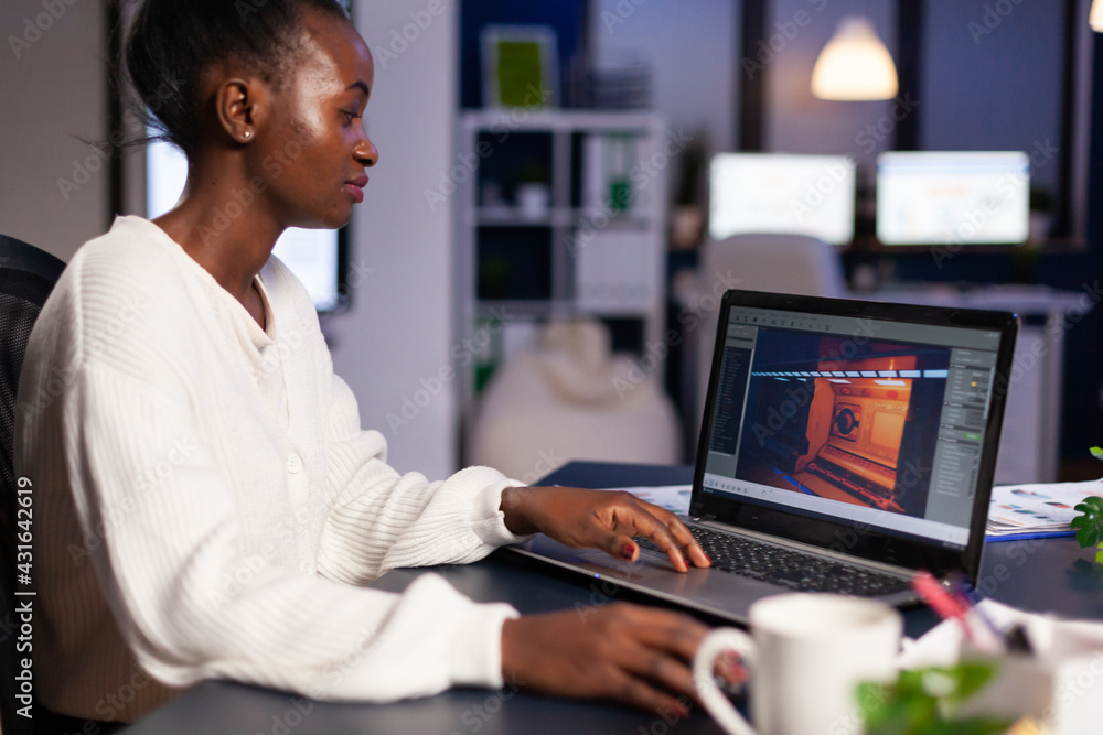 Poster african gamer creator testing game over level interface, developing new design in midnight from busi