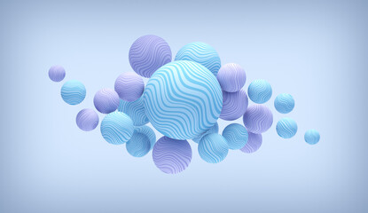 Blue and purple spheres on a light blue background. Abstract background with dynamic spheres. 3d render illustration.