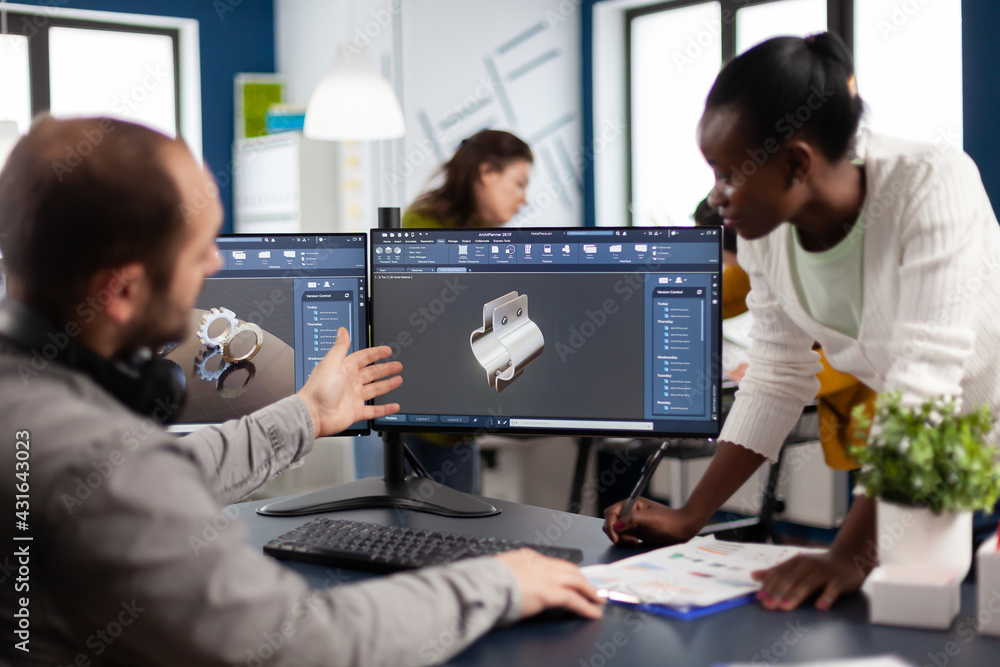 Poster diverse team of engineer architects working on modern cad program developing construction metalic co