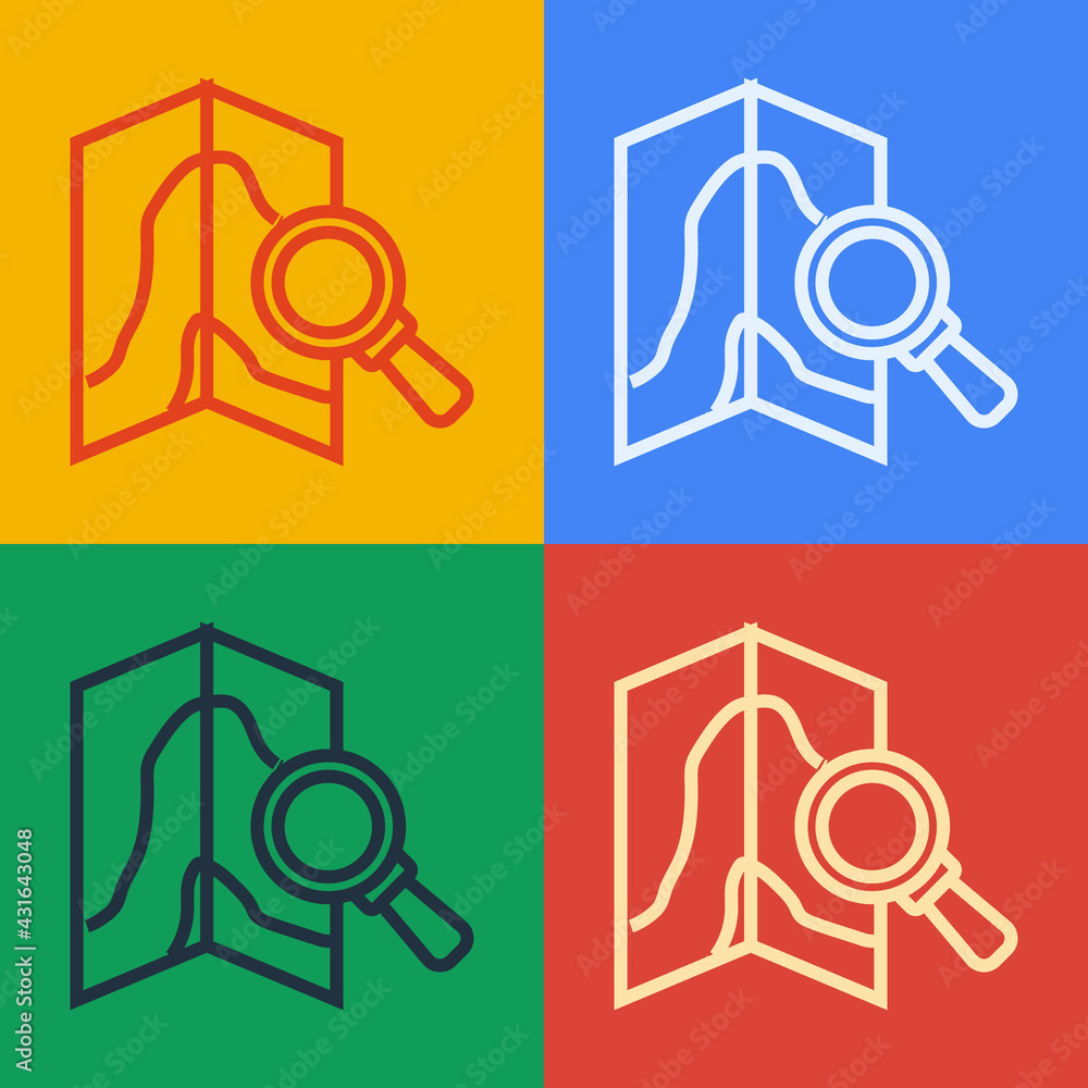 Aufkleber pop art line search location icon isolated on color background. magnifying glass with pointer sign. 