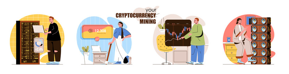 Cryptocurrency mining concept scenes set. Bitcoin mining farms, digital money technology, trade on market currency. Collection of people activities. Vector illustration of characters in flat design