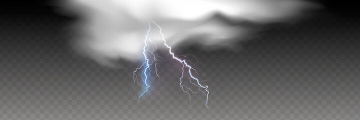 Vector realistic dark stormy sky with clouds, heavy rain and lightning strikes.