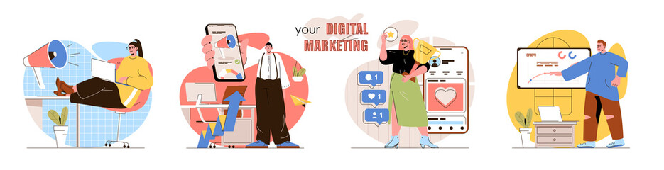 Digital marketing concept scenes set. Marketers make advertising, attract customers, promotion in social networks. Collection of people activities. Vector illustration of characters in flat design