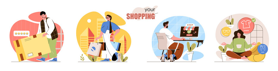 Shopping concept scenes set. Buyers with purchases in packages, make online purchases, receive parcels with orders. Collection of people activities. Vector illustration of characters in flat design
