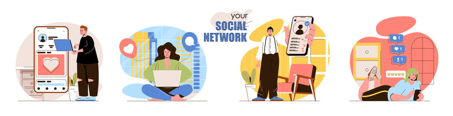 Social network concept scenes set. Men and women have online profiles, chatting, post photos, collect likes, feedback. Collection of people activities. Vector illustration of characters in flat design