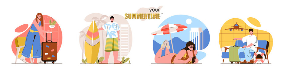 Summertime concept scenes set. Men and women waiting at airport, vacation to sea resort, sunbathing on beach, surfing. Collection of people activities. Vector illustration of characters in flat design