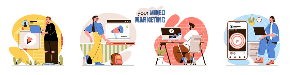 Video marketing concept scenes set. Marketers create video content, promote on social media, targeting, advertising. Collection of people activities. Vector illustration of characters in flat design