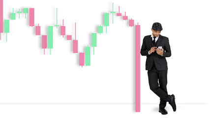 Investment Concept Images.A man uses a cell phone to trade stocks.
