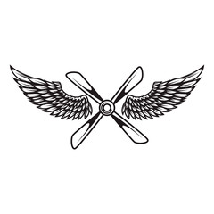 Airplane propeller with bird wings. Design element for logo, label, sign, emblem. Vector illustration