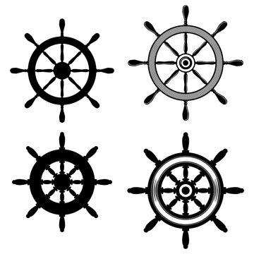 Set of Illustration of ship steering wheel in monochrome style. Design element for logo, label, sign, emblem, poster. Vector illustration