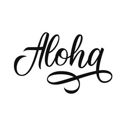 Fototapeta na wymiar Aloha hand drawn lettering isolated on white background. Hawaiian text hello phrase. Calligraphic element for your tropical or summer season design. Vector illustration.