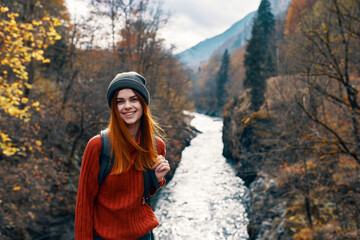 cheerful woman tourist freedom mountains travel river