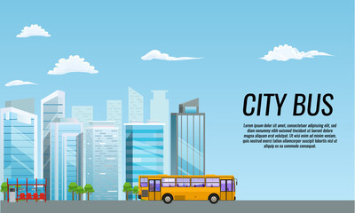 City public transport service flat poster at bus stop shelter. Flat and solid color vector illustration.