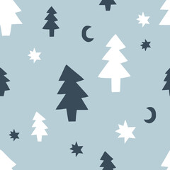 Obraz premium Magical Scandinavian Christmas starry night winter forest vector seamless pattern. Abstract pine tree star crescent shapes modern abstract background. Neutral colours limited geometric graphic design