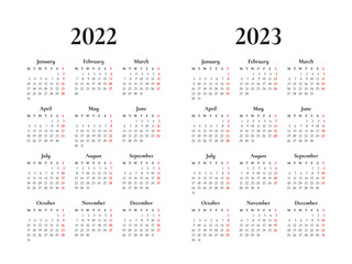 calendar 2022 and 2023, week starts on Monday, basic business template. vector illustration