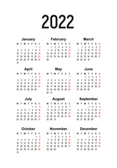 Calendar for 2022, the week starts on Monday, basic business template. vector illustration