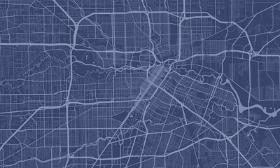 Dark blue Houston city area vector background map, streets and water cartography illustration.