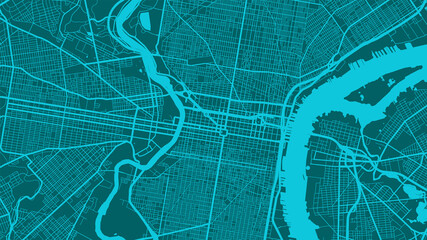 Cyan Philadelphia city area vector background map, streets and water cartography illustration.