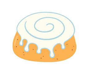 Cinnamon roll with sugar glaze. Swirl kanelbulle bun. Traditional dessert in Scandinavia and North America. Hand drawn isolated vector illustration on white background.