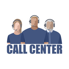 Team operators men and women online, wearing headphones with microphone, headset. The concept of a call center or support service, streamers, bloggers. Color isolated vector illustration