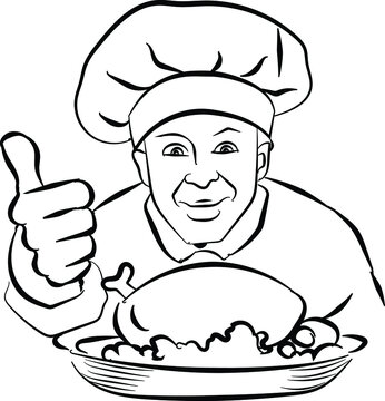 The chef of the restaurant holds a cooked dish on the table, the chef in work uniform shows gestures with his fingers - thumbs up, vector illustration in doodle style, hand drawn